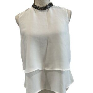 Zara Basic Collection White Layered Sleeveless Blouse With Beaded Collar Womens